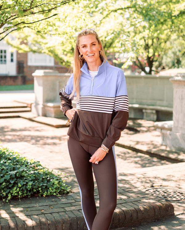 'On model product image of Soft Luxe Varsity Quarter Zip in Violet/Chocolate Stripe/Chocolate'