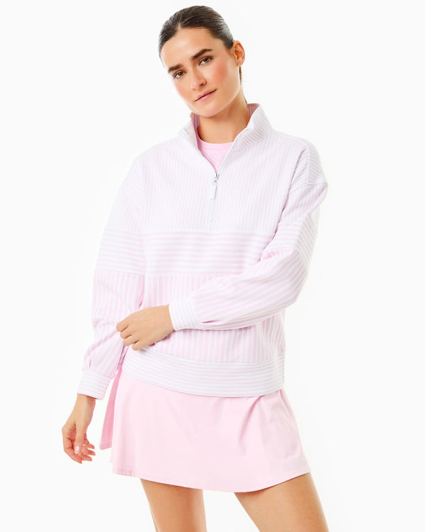 'On model product image of Soft Luxe Varsity Quarter Zip in White/Petal Stripe'