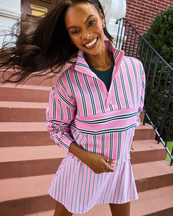 'On model product image of Soft Luxe Varsity Quarter Zip in Cotton Candy Triple Stripe'