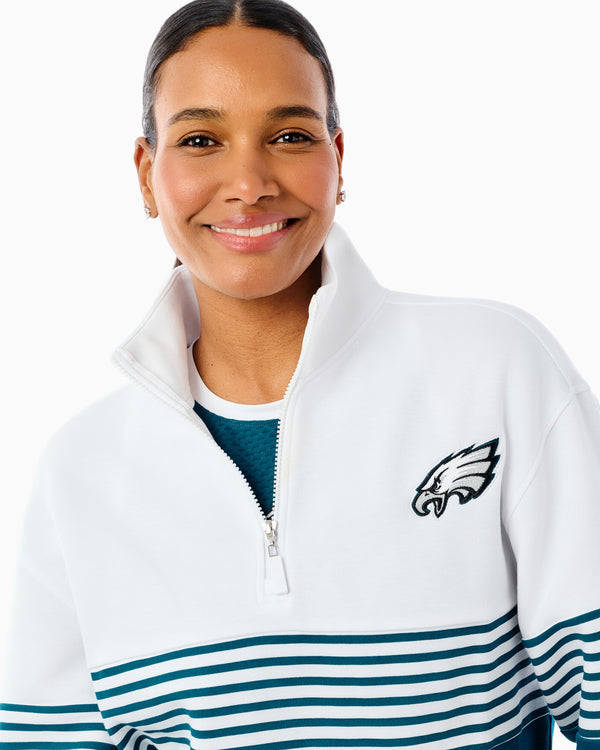 'On model product image of Soft Luxe Varsity Quarter Zip in Midnight Green/Super White Stripe'