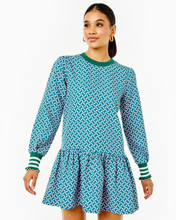 'On model product image of Active Crepe Vine Dress in Geo Trellis'