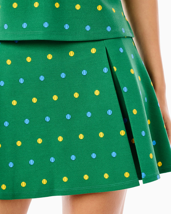 'On model product image of Ponte Virginian Pleated 14.25in Skort in Evergreen Serve'