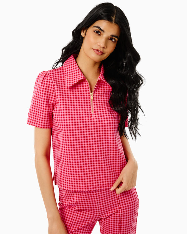 'On model product image of Ponte Virginian Polo Top in Rose Check'