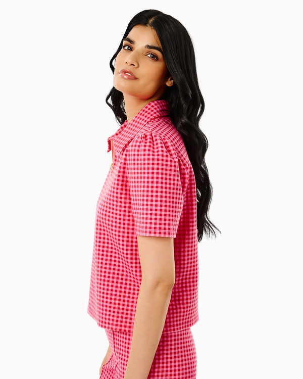 'On model product image of Ponte Virginian Polo Top in Rose Check'
