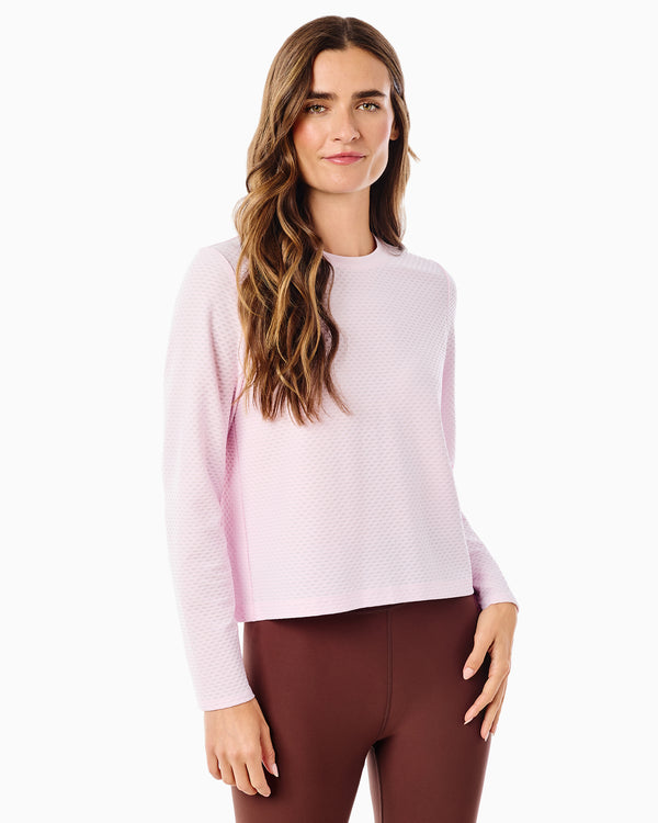 'On model product image of Active Mesh Walnut Long Sleeve Top in Ballet Slipper'