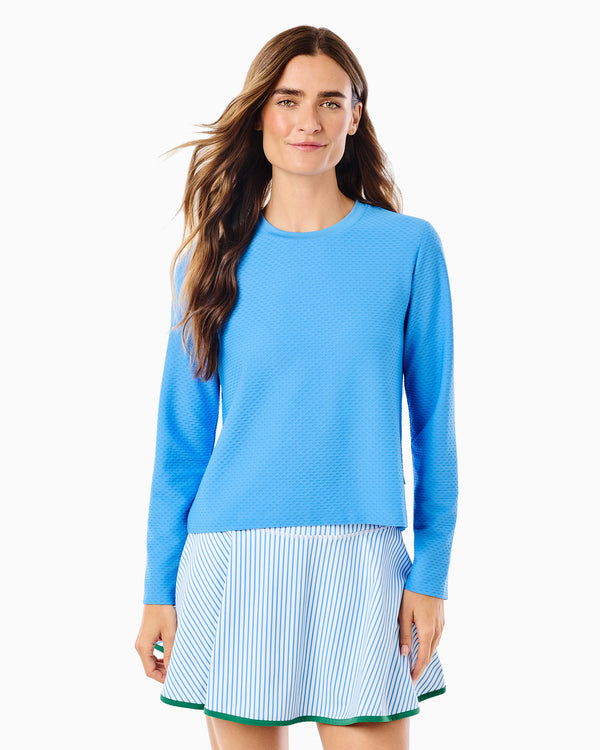 'On model product image of Active Mesh Walnut Long Sleeve Top in Blue Jay'