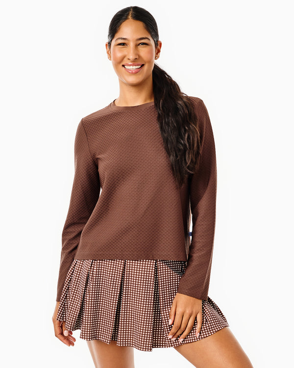 'On model product image of Active Mesh Walnut Long Sleeve in Chocolate'