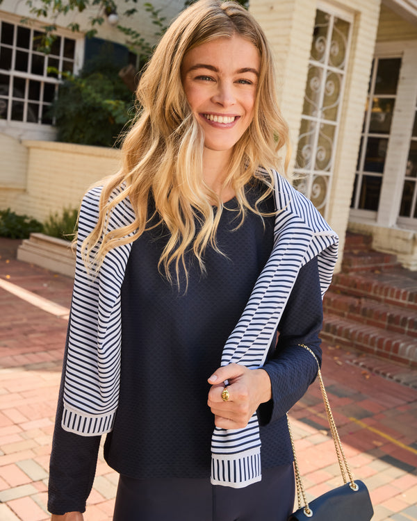 'On model product image of Active Mesh Walnut Long Sleeve Top in Navy'