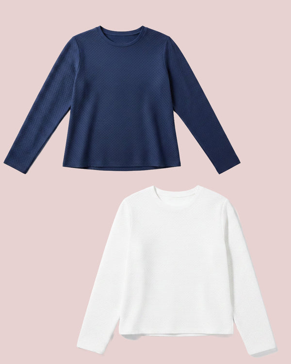 'On model product image of Active Mesh Walnut Long Sleeve Bundle in Navy/Super White'