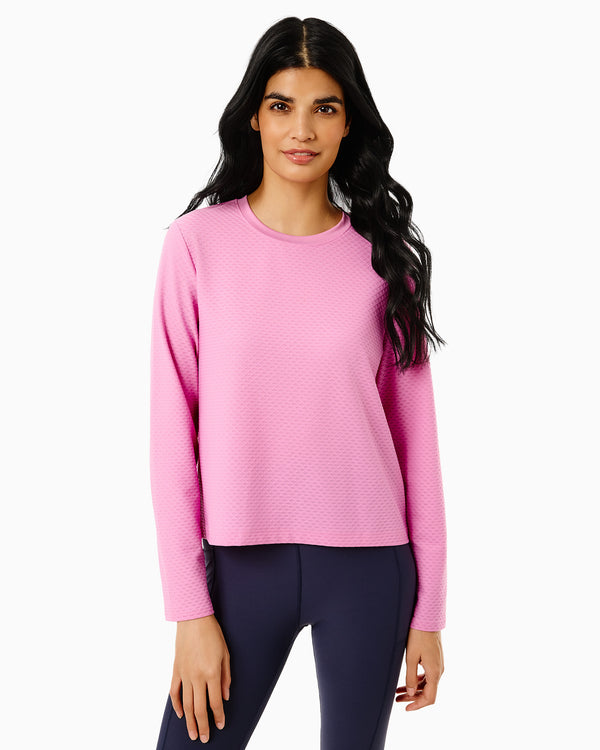 'On model product image of Active Mesh Walnut Long Sleeve Top in Orchid'