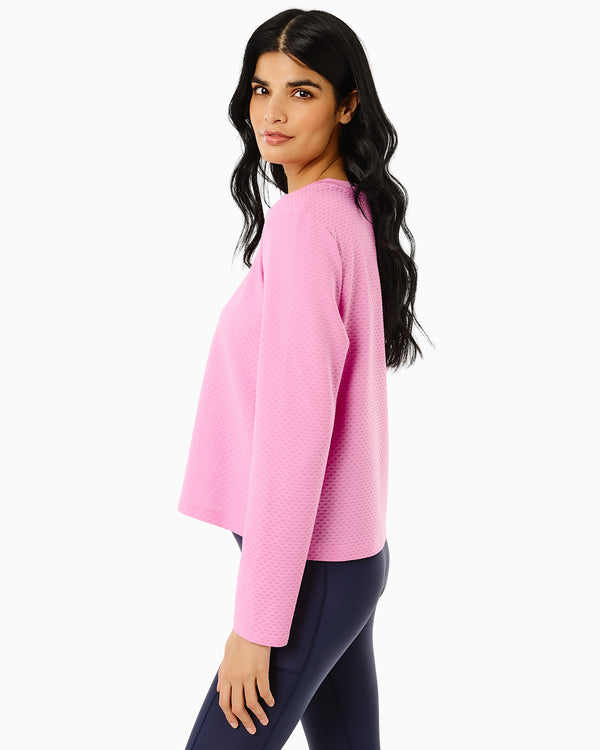 'On model product image of Active Mesh Walnut Long Sleeve Top in Orchid'