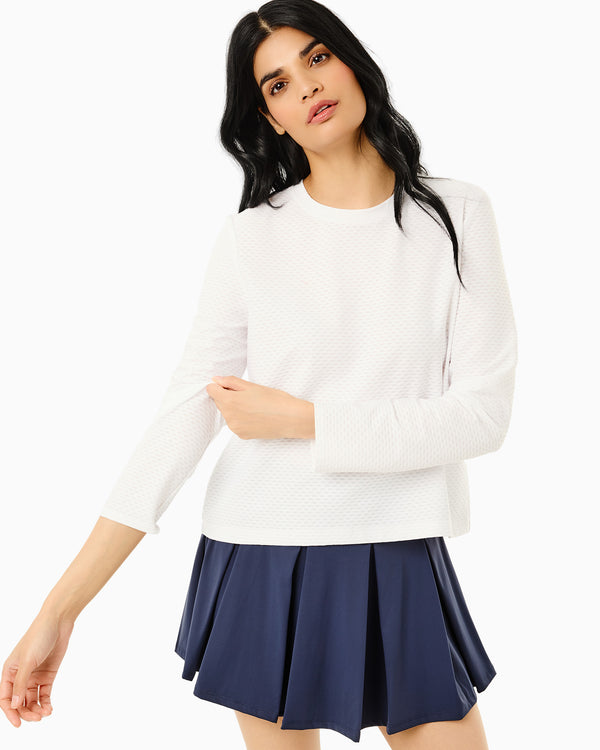 'On model product image of Active Mesh Walnut Long Sleeve Top in Super White'