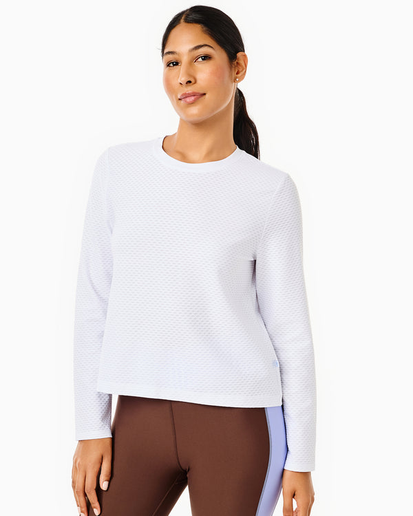 'On model product image of Active Mesh Walnut Long Sleeve in Super White'