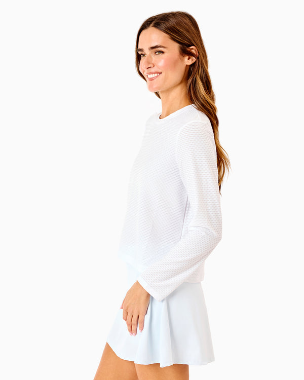 'On model product image of Active Mesh Walnut Long Sleeve Top in Super White'