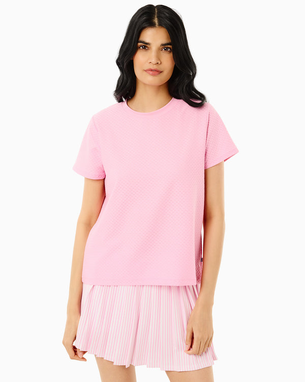 'On model product image of Active Mesh Walnut Short Sleeve Top in Bubblegum'
