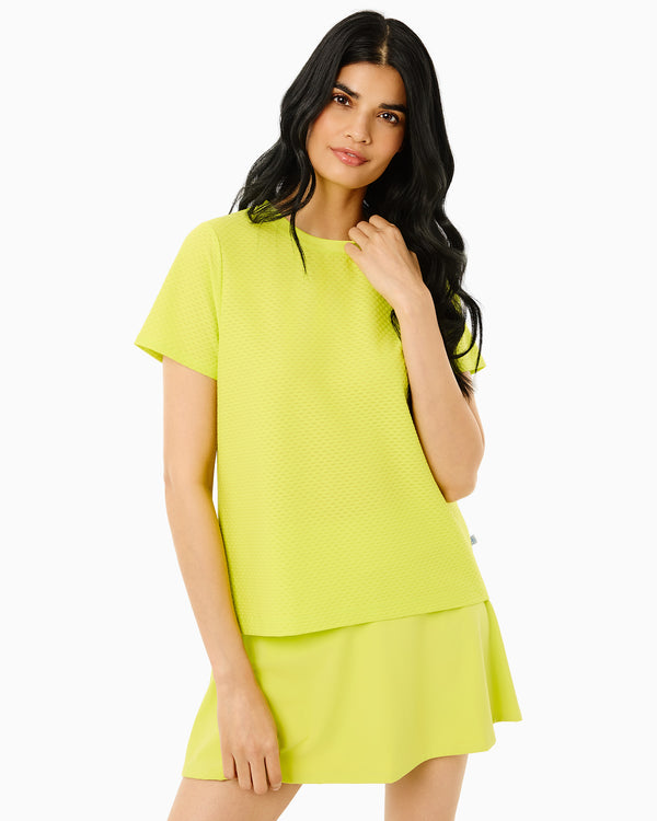 'On model product image of Active Mesh Walnut Short Sleeve Top in Chartreuse'