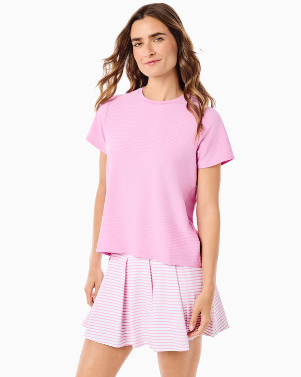 'On model product image of Active Mesh Walnut Short Sleeve Top in Cotton Candy'