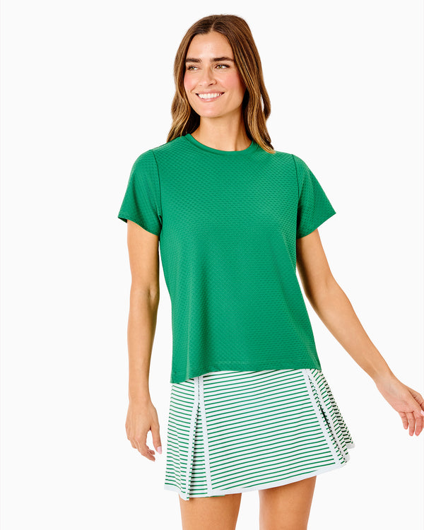 'On model product image of Active Mesh Walnut Short Sleeve Top in Evergreen'