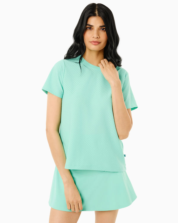 'On model product image of Active Mesh Walnut Short Sleeve Top in Jelly Mint'