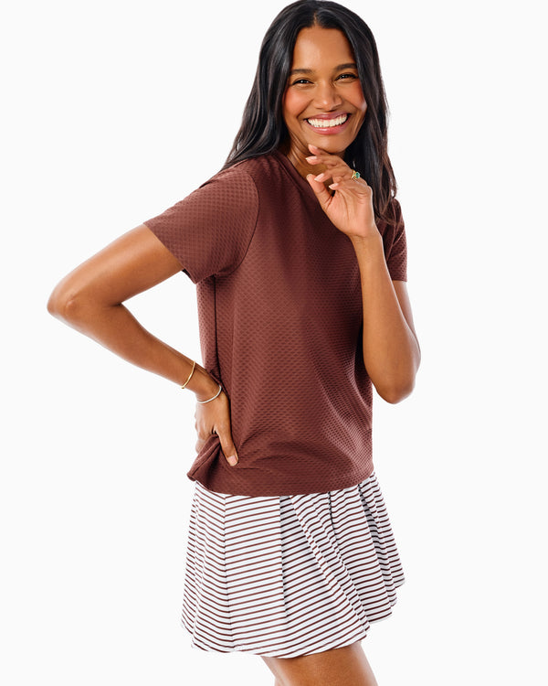 'On model product image of Active Mesh Walnut Short Sleeve Top in Milk Chocolate'