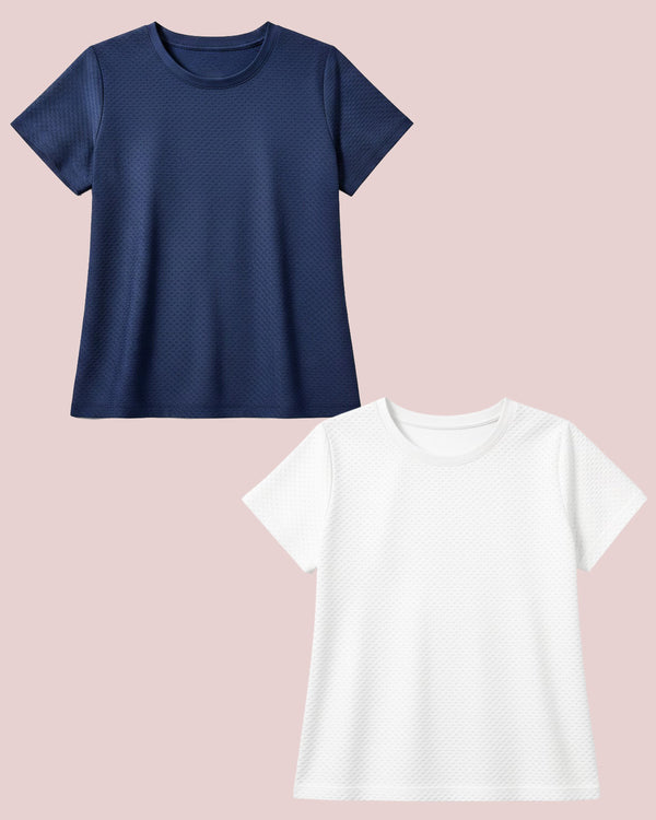 'On model product image of Active Mesh Walnut Short Sleeve Bundle in Navy/Super White'