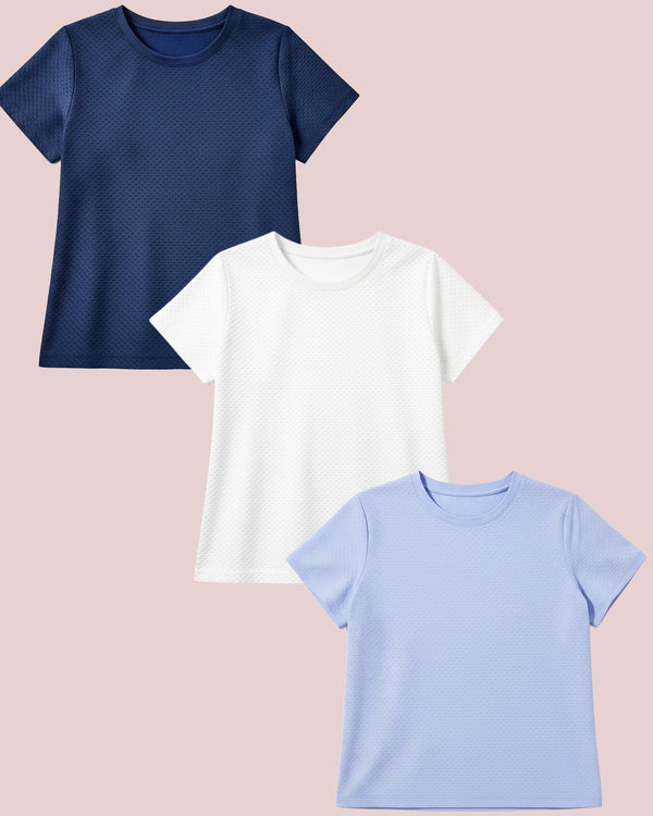 'On model product image of Active Mesh Walnut Short Sleeve Bundle in Navy/Super White/Violet'