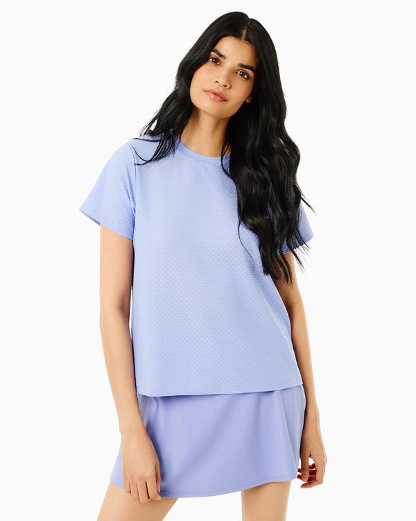 'On model product image of Active Mesh Walnut Short Sleeve Bundle in Navy/Super White/Violet'