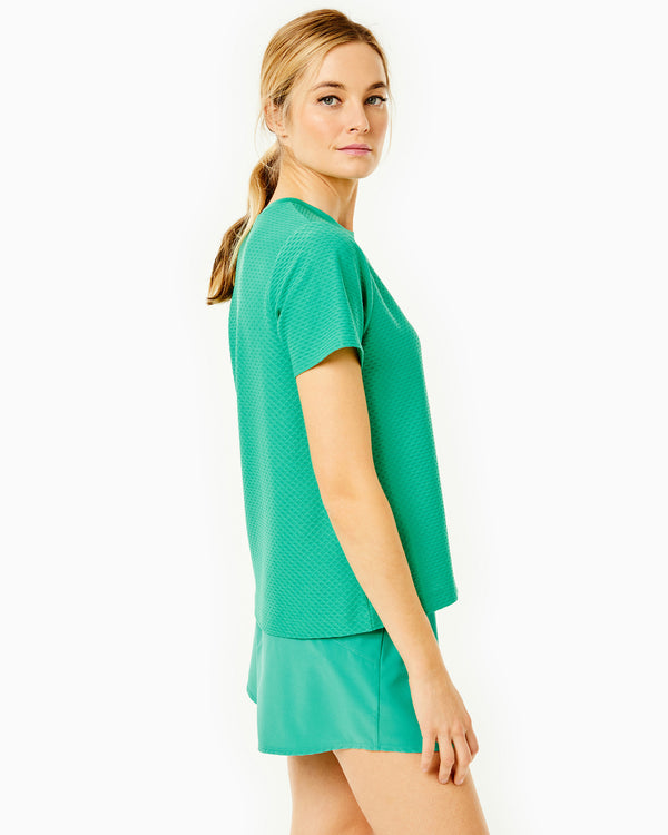 'On model product image of Active Mesh Walnut Short Sleeve Top in Palm'