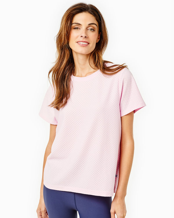 'On model product image of Active Mesh Walnut Short Sleeve Top in Petal'
