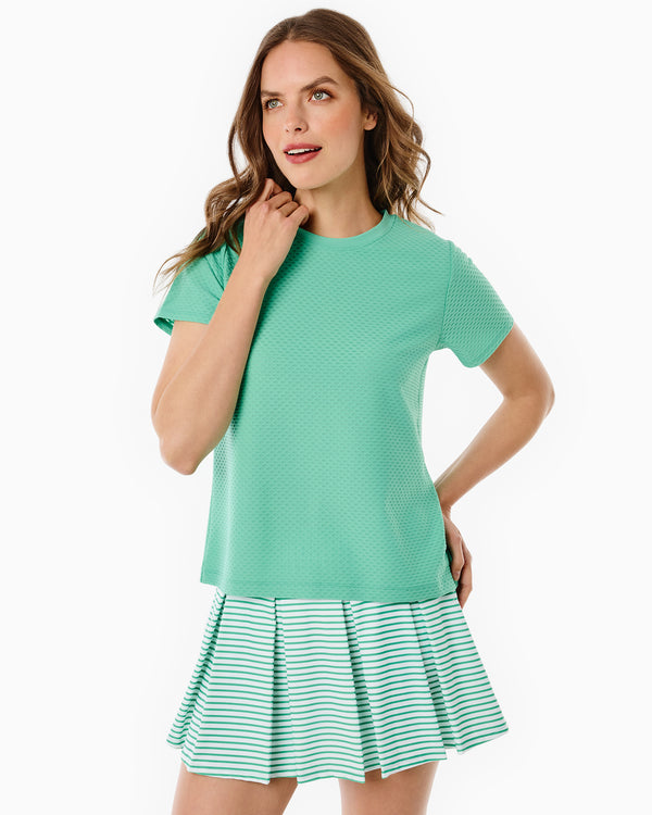 'On model product image of Active Mesh Walnut Short Sleeve Top in Sage'