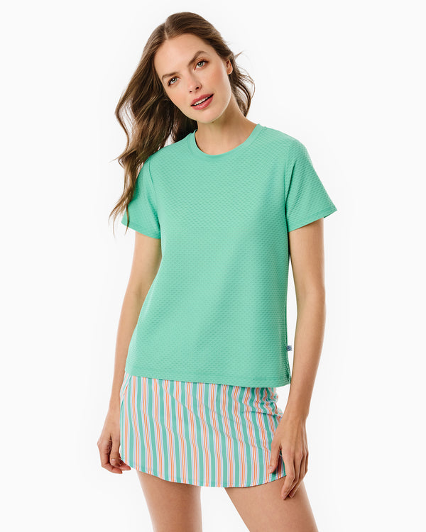 'On model product image of Active Mesh Walnut Short Sleeve in Sage'