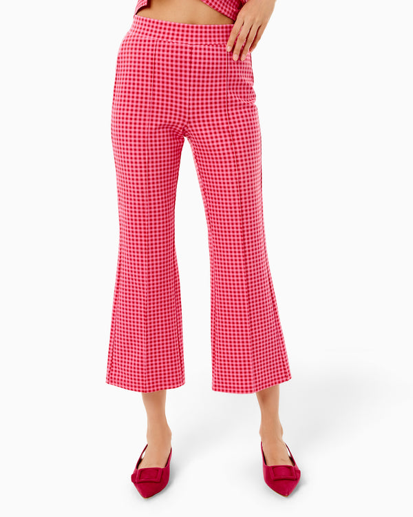'On model product image of Ponte Waverly Pants in Rose Check'