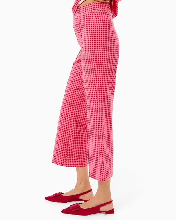 'On model product image of Ponte Waverly Pants in Rose Check'