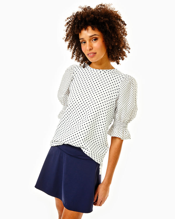 'On model product image of Mixed Soft Luxe Wharf Top in Navy Dottie-Final Sale'