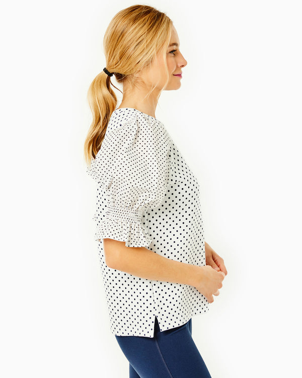 'On model product image of Mixed Soft Luxe Wharf Top in Navy Dottie-Final Sale'