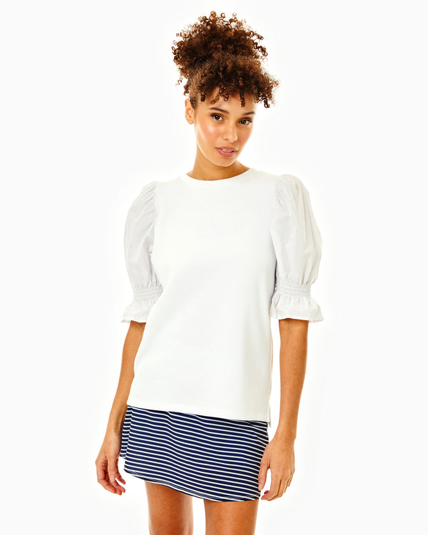 'On model product image of Mixed Soft Luxe Wharf Top in Super White-Final Sale'