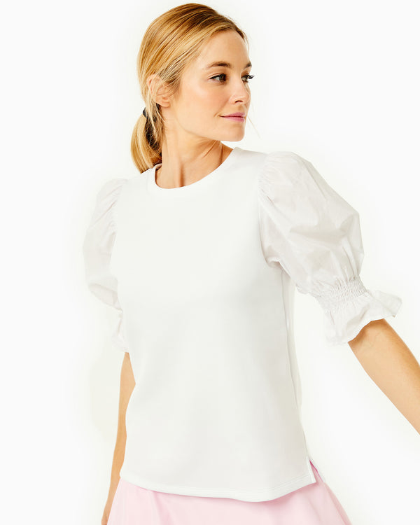 'On model product image of Mixed Soft Luxe Wharf Top in Super White-Final Sale'