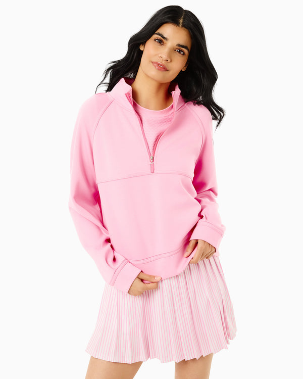 'On model product image of Comfort Luxe Wren Quarter Zip Sweatshirt in Bubblegum'