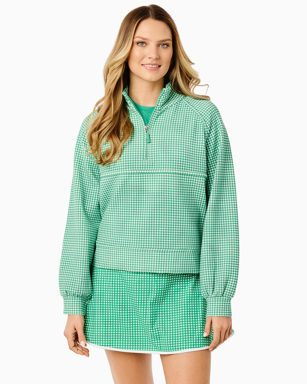 'On model product image of Comfort Luxe Wren Quarter Zip Sweatshirt in Palm Gingham'