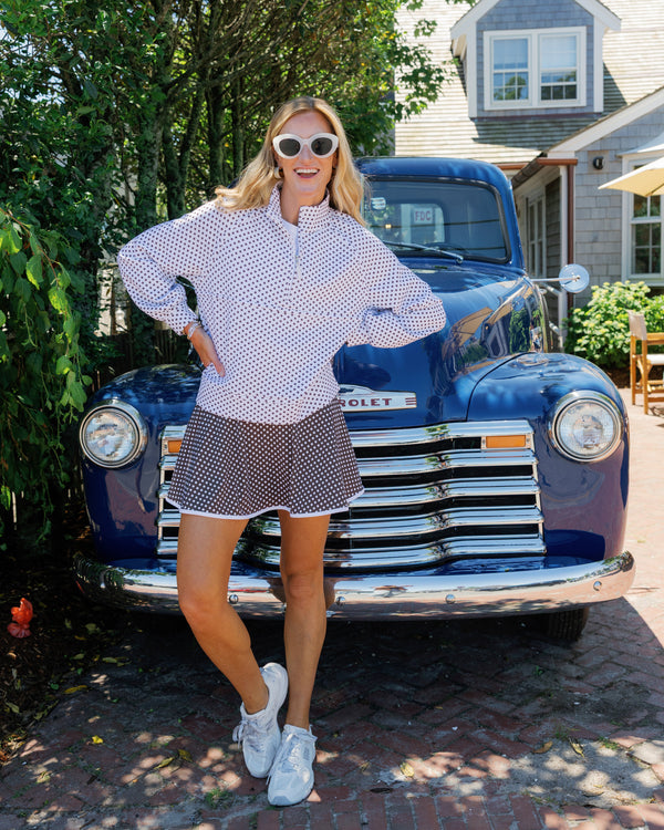 'On model product image of Comfort Luxe Wren Quarter Zip Sweatshirt in Super White/Milk Chocolate Dottie'