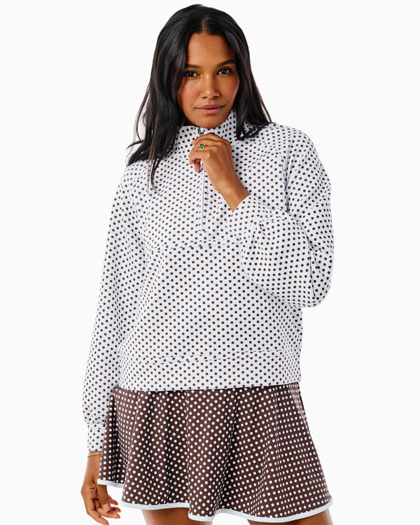 'On model product image of Comfort Luxe Wren Quarter Zip Sweatshirt in Super White/Milk Chocolate Dottie'
