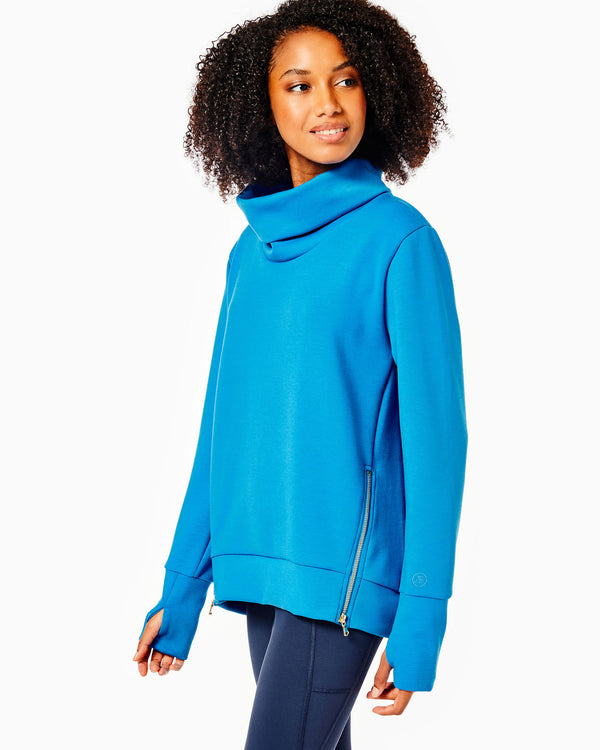 'On model product image of Polished Double Knit Zip Everyday Pullover in Lake'