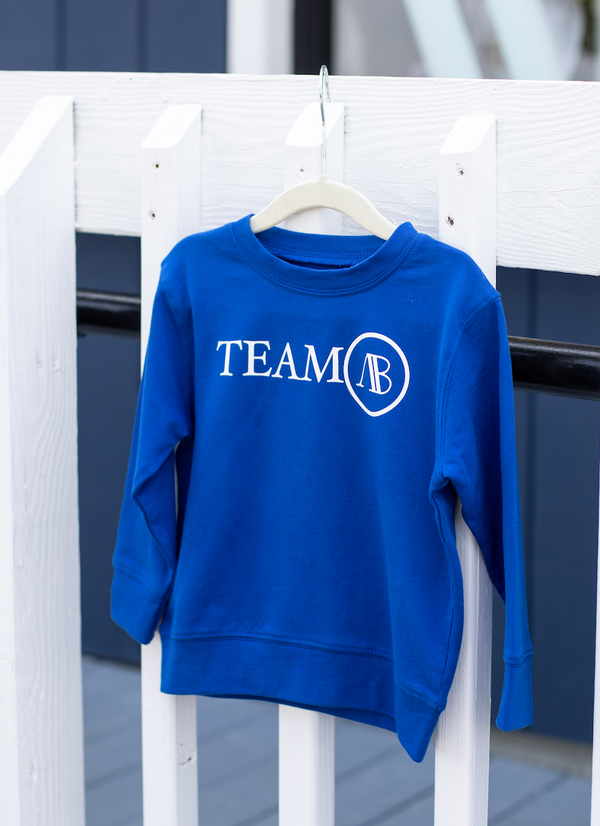 'On model product image of Kids Boardwalk Crewneck in Reflex Blue'