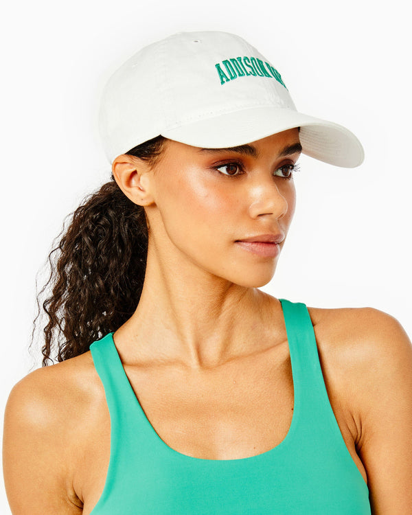 'On model product image of Addison Bay Embroidered Hat in White/Palm'