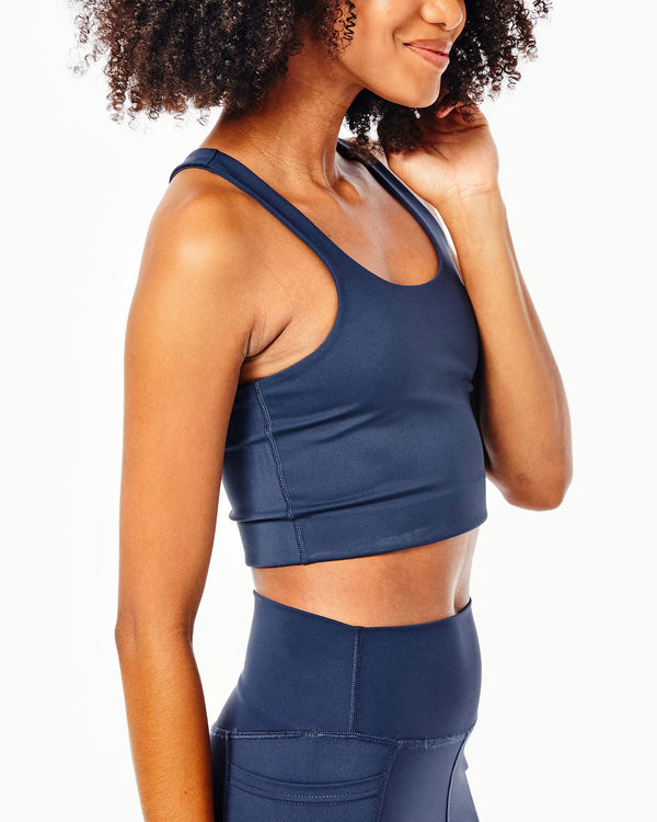 'On model product image of Smooth Sport Arch Bra in Navy'