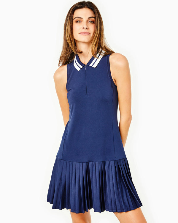 'On model product image of Active Pique Augusta Dress in Navy'