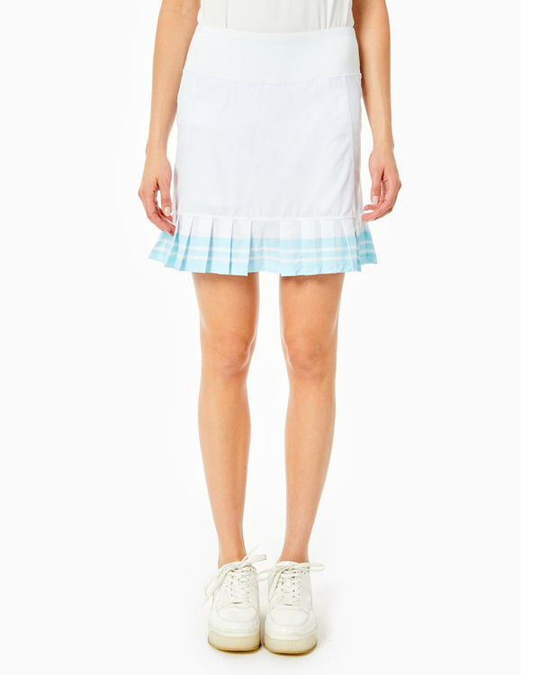 'On model product image of Sport Light 17in Birdie Golf Skort in White/Light Blue'