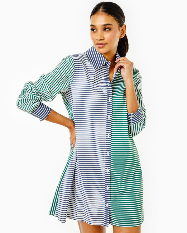 'On model product image of Cotton Poplin Bloom Shirt Dress in Olive/Navy Multi Stripe-Final Sale'