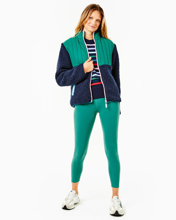 'On model product image of Teddy Sherpa Brandywine Sherpa Jacket in Navy/Olive-Final Sale'