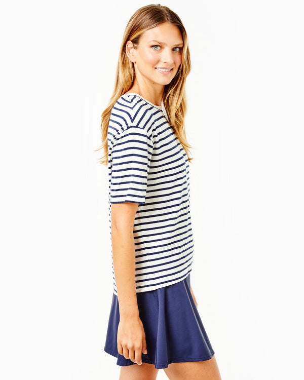 'On model product image of Drape Luxe Classic Short Sleeve in Navy Stripe'